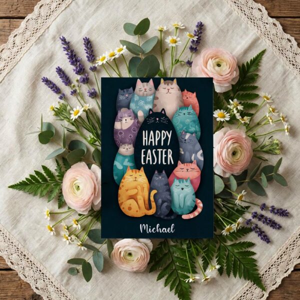 Cuddly Cat Pile Happy Easter Card Kawaii Animal Downloadable Home Print Card