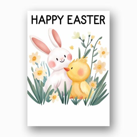 Cute Bunny Hugging Chick Easter Greeting Soft Pastel Floral Diy Printable Card Stationery
