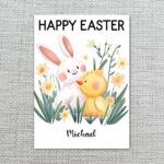 Cute Bunny Hugging Chick Easter Greeting Soft Pastel Floral Diy Printable Card Stationery