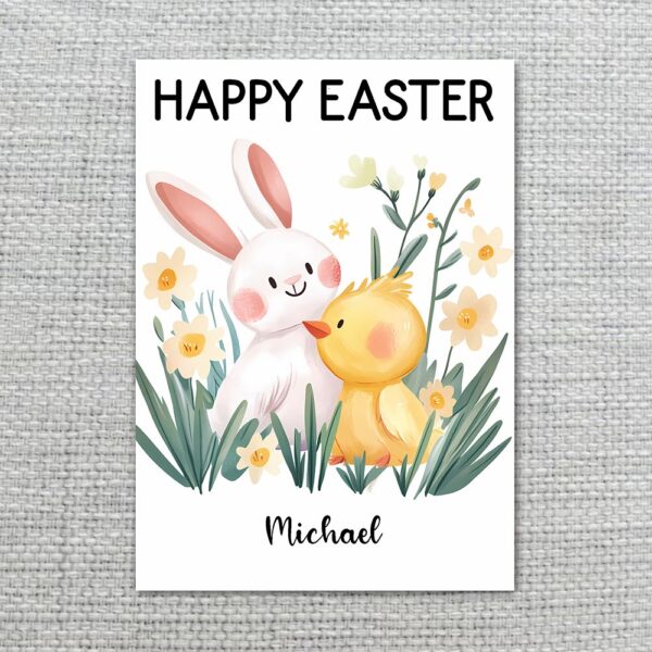 Cute Bunny Hugging Chick Easter Greeting Soft Pastel Floral Diy Printable Card Stationery