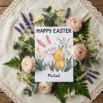 Cute Bunny Hugging Chick Easter Greeting Soft Pastel Floral Diy Printable Card Stationery