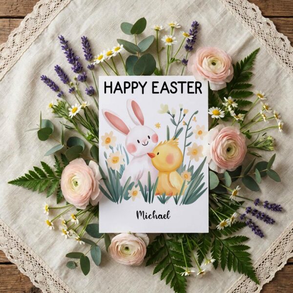 Cute Bunny Hugging Chick Easter Greeting Soft Pastel Floral Diy Printable Card Stationery