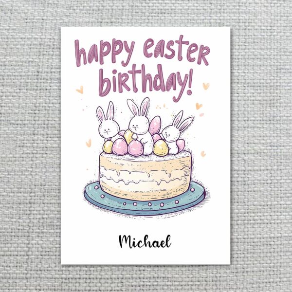 Cute Easter Birthday Cake Greeting Card Bunny Eggs Birthday Botanical Watercolor Printable Card