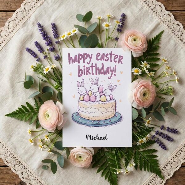 Cute Easter Birthday Cake Greeting Card Bunny Eggs Birthday Botanical Watercolor Printable Card