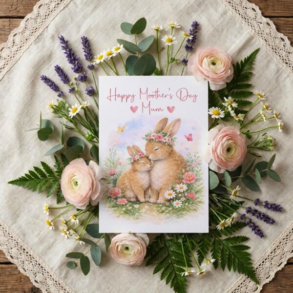 Cute Mother And Baby Rabbit Happy Mothers Day Mum Bunny Illustration Printable Keepsake Card