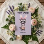 Cute Raccoon with Bunny Ears Card Purple Pastel Animal Downloadable Home Print Card