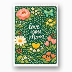 Daisy And Tulip Flower Pattern Love You Mom Green Illustration Modern Digital Stationery Card