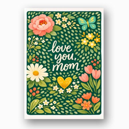 Daisy And Tulip Flower Pattern Love You Mom Green Illustration Modern Digital Stationery Card
