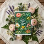 Daisy And Tulip Flower Pattern Love You Mom Green Illustration Modern Digital Stationery Card