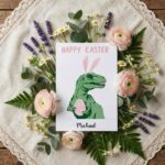 Dark Green Aesthetic DinoBunny Card Modern Monster Holiday Instant Printable Watercolor Card