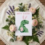 Dark Green Aesthetic DinoBunny Card Modern Monster Holiday Instant Printable Watercolor Card