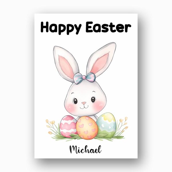 Elegant White Bunny with Blue Bow Card Soft Pastel Easter Gift Downloadable Home Print Card