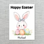 Elegant White Bunny with Blue Bow Card Soft Pastel Easter Gift Downloadable Home Print Card