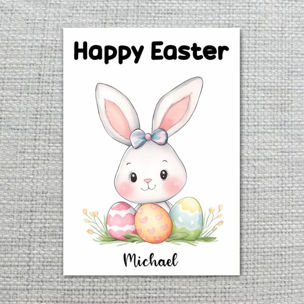 Elegant White Bunny with Blue Bow Card Soft Pastel Easter Gift Downloadable Home Print Card