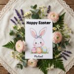 Elegant White Bunny with Blue Bow Card Soft Pastel Easter Gift Downloadable Home Print Card