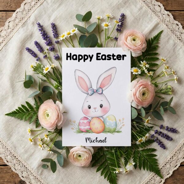 Elegant White Bunny with Blue Bow Card Soft Pastel Easter Gift Downloadable Home Print Card