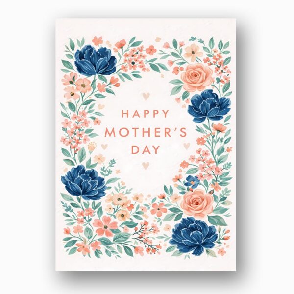 Floral Happy Mothers Day Pink Blue Roses Flower Wreath Customizable Watercolor Greeting