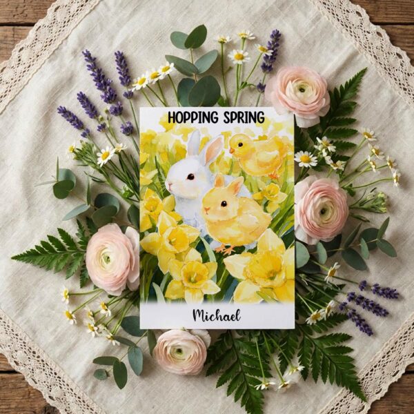 Fluffy Bunny in Yellow Flowers Greeting Hand Painted Nature Botanical Watercolor Printable Card