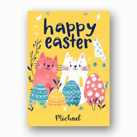 Fun Pop Art Cats Bunny Card Vibrant Yellow Easter Printable 5X7 Greeting Template
