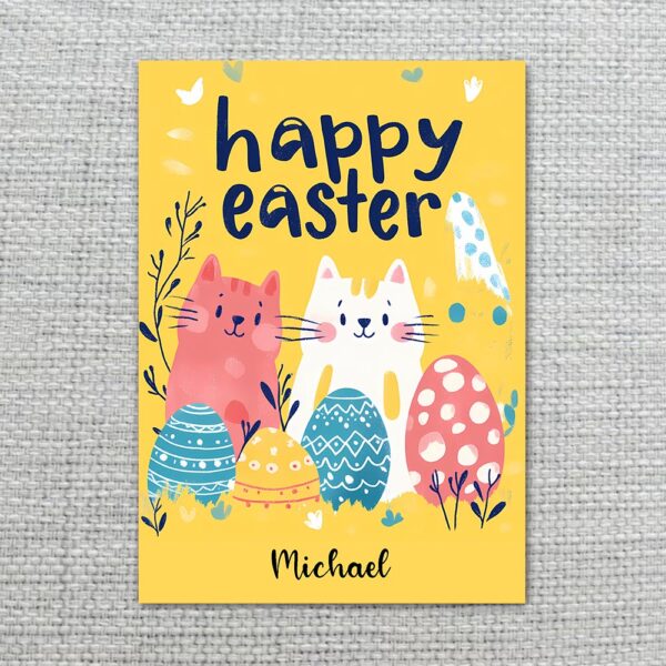 Fun Pop Art Cats Bunny Card Vibrant Yellow Easter Printable 5X7 Greeting Template
