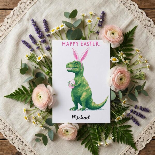 Funny TRex with Bunny Ears Card Unique Dinosaur Easter Egg Hunt Downloadable Sentiment Card