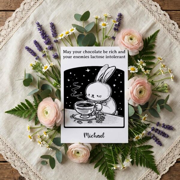 Grumpy Coffee Bunny Easter Greeting Sarcastic Adult Humor High Resolution Botanical Print