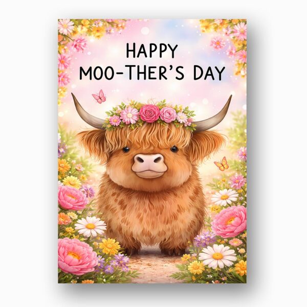 Happy Moo Thers Day Highland Cow Floral Pink Flower Meadow Personalizable Digital Print