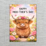 Happy Moo Thers Day Highland Cow Floral Pink Flower Meadow Personalizable Digital Print