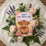 Happy Moo Thers Day Highland Cow Floral Pink Flower Meadow Personalizable Digital Print