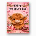 Happy Moo Thers Day Highland Cow Pink Flower Heart Chocolate Box High Resolution Botanical Print
