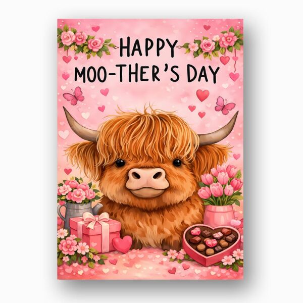 Happy Moo Thers Day Highland Cow Pink Flower Heart Chocolate Box High Resolution Botanical Print