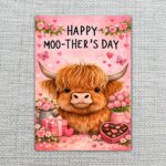 Happy Moo Thers Day Highland Cow Pink Flower Heart Chocolate Box High Resolution Botanical Print