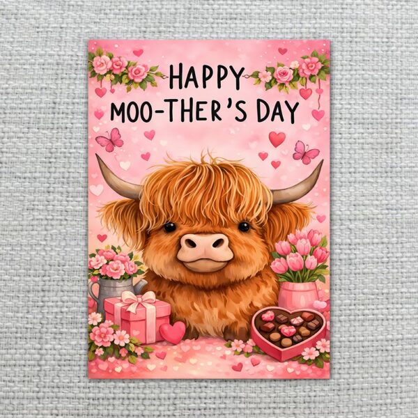 Happy Moo Thers Day Highland Cow Pink Flower Heart Chocolate Box High Resolution Botanical Print
