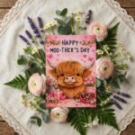 Happy Moo Thers Day Highland Cow Pink Flower Heart Chocolate Box High Resolution Botanical Print