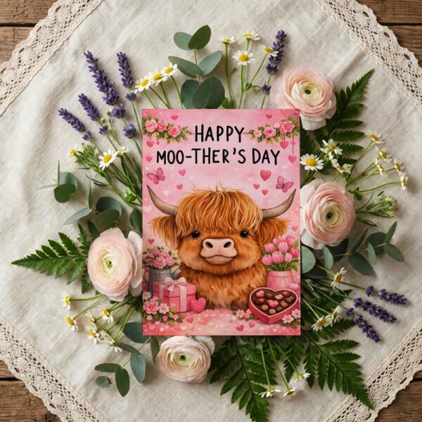 Happy Moo Thers Day Highland Cow Pink Flower Heart Chocolate Box High Resolution Botanical Print