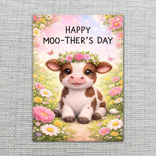 Happy Moothers Day Baby Cow Flowers Meadow High Quality Digital Stationery