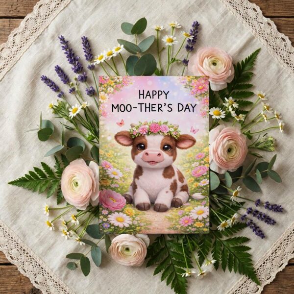 Happy Moothers Day Baby Cow Flowers Meadow High Quality Digital Stationery