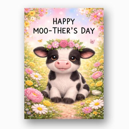 Happy Moothers Day Cow Floral Illustration Professional Quality Printable Card