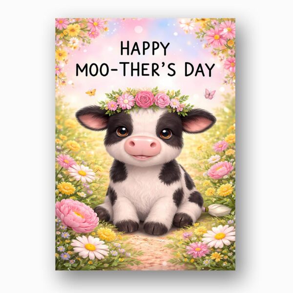 Happy Moothers Day Cow Floral Illustration Professional Quality Printable Card