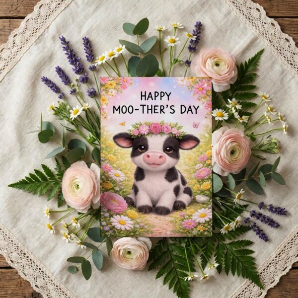 Happy Moothers Day Cow Floral Illustration Professional Quality Printable Card