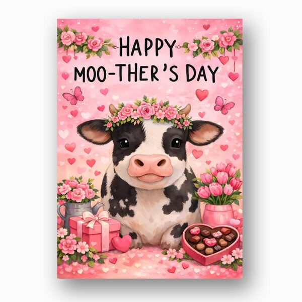 Happy Moothers Day Cow Pink Flowers Design Customizable Printable Celebration Card