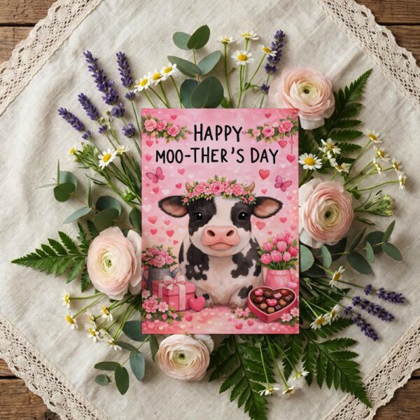 Happy Moothers Day Cow Pink Flowers Design Customizable Printable Celebration Card