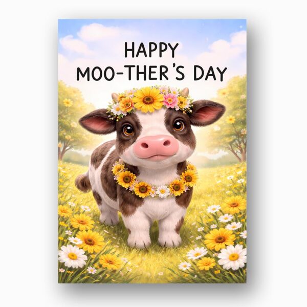 Happy Moothers Day Cow Sunflower Garden Illustration Digital Download Celebration Card