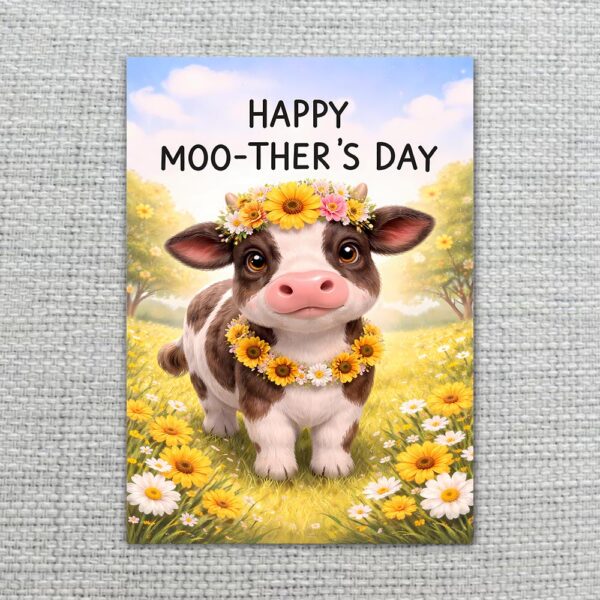 Happy Moothers Day Cow Sunflower Garden Illustration Digital Download Celebration Card