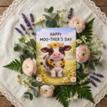 Happy Moothers Day Cow Sunflower Garden Illustration Digital Download Celebration Card