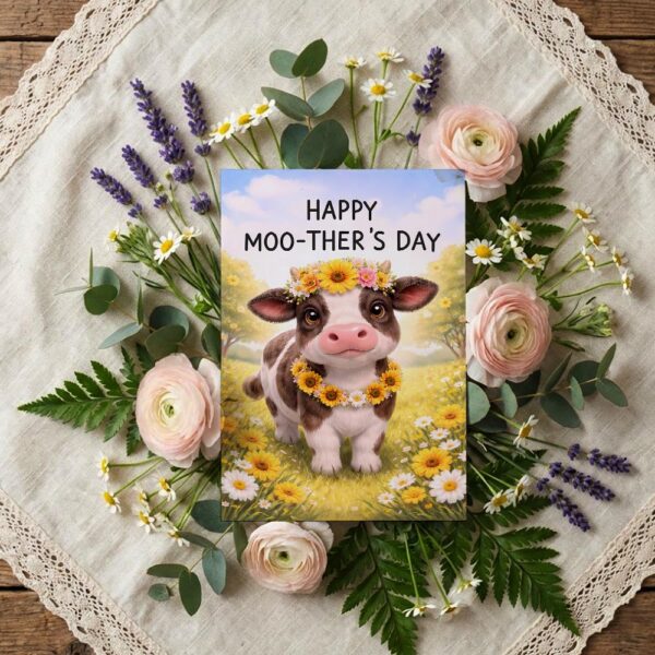Happy Moothers Day Cow Sunflower Garden Illustration Digital Download Celebration Card