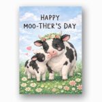 Happy Moothers Day Mother Cow And Calf Flowers Instant Access Greeting Card