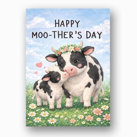 Happy Moothers Day Mother Cow And Calf Flowers Instant Access Greeting Card