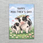 Happy Moothers Day Mother Cow And Calf Flowers Instant Access Greeting Card