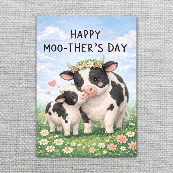 Happy Moothers Day Mother Cow And Calf Flowers Instant Access Greeting Card